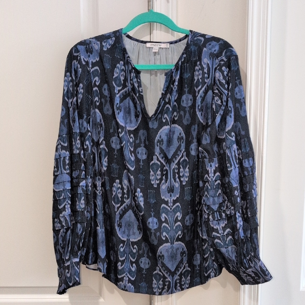 NWOT Chico's Ikat Blue Patterned Blouse